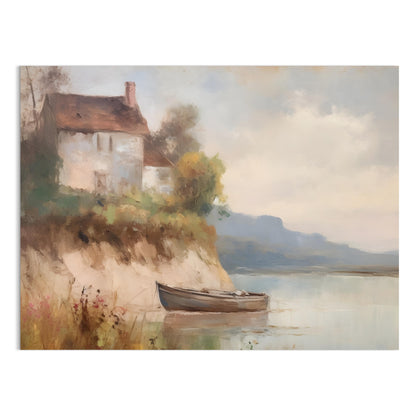 Premium Poster of Serene Lakeside House with Boat Art Posters