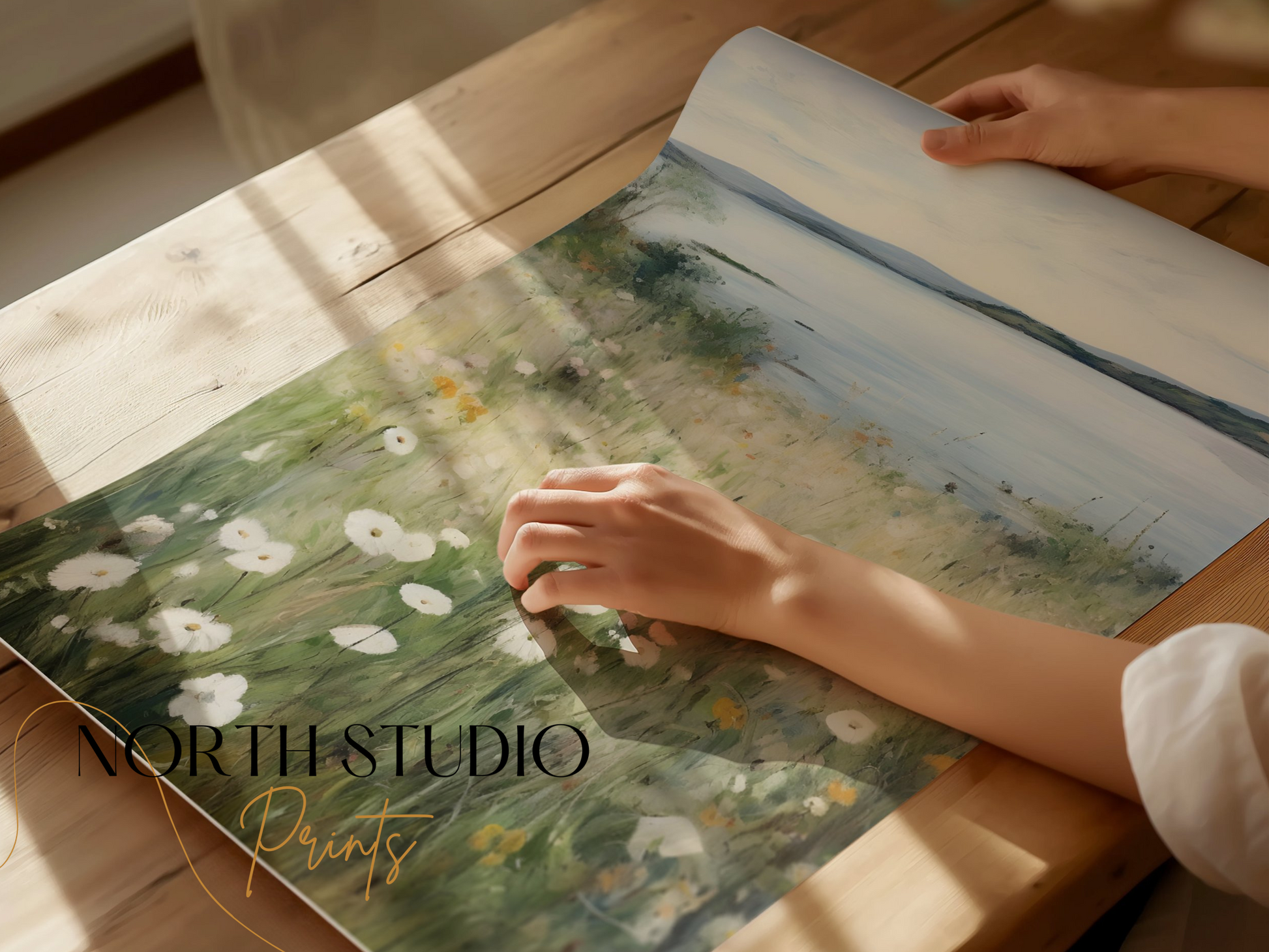 Premium Poster of Serene Lakeside Landscape with Wildflowers Posters
