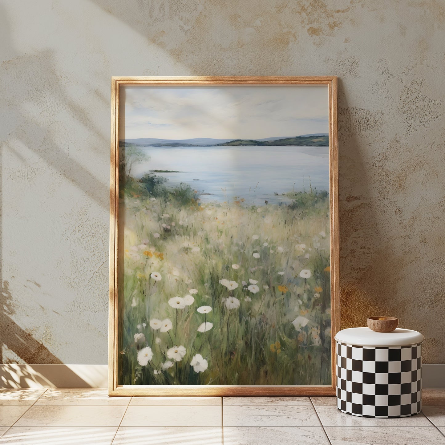 Premium Poster of Serene Lakeside Landscape with Wildflowers Posters