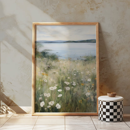 Premium Poster of Serene Lakeside Landscape with Wildflowers Posters