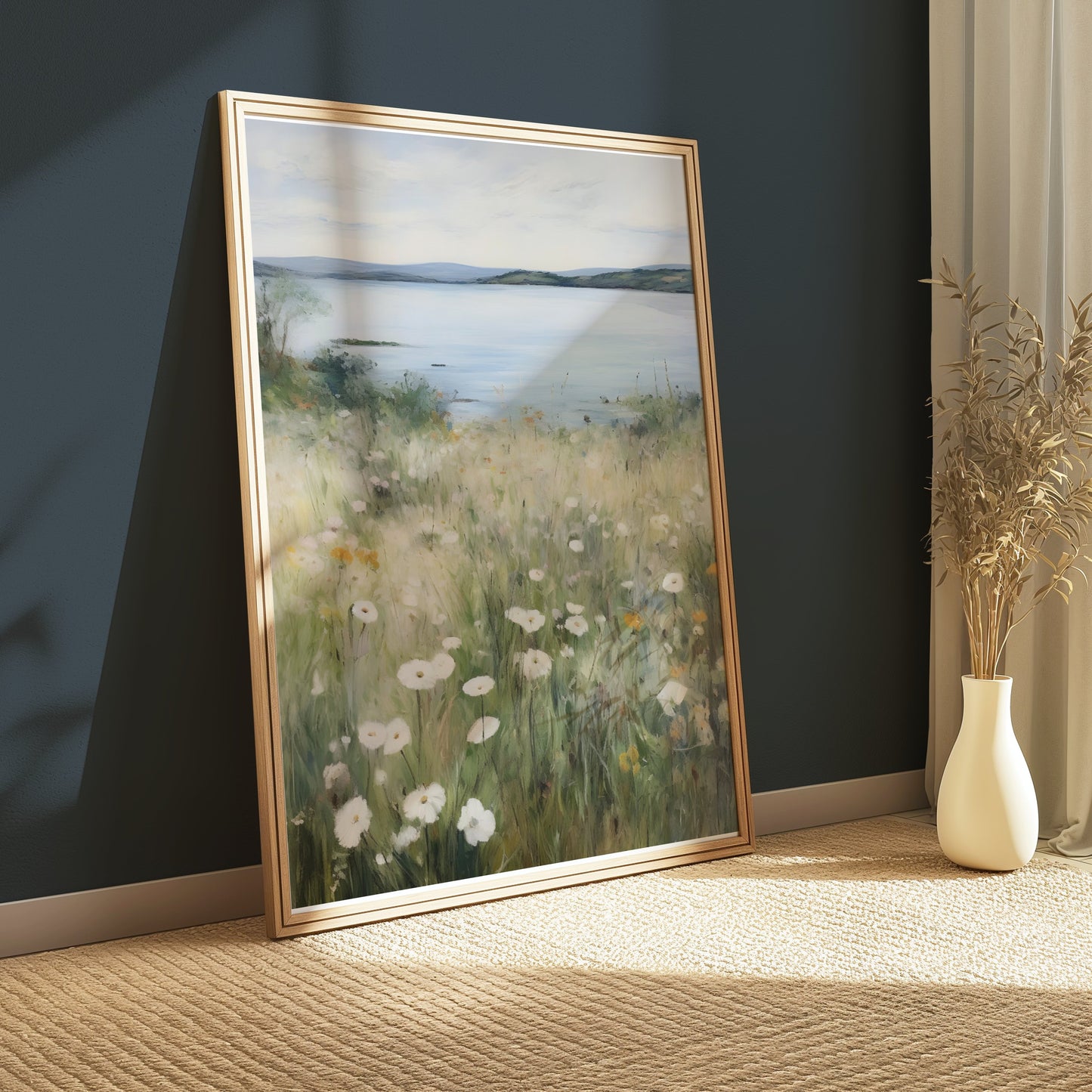 Premium Poster of Serene Lakeside Landscape with Wildflowers Posters