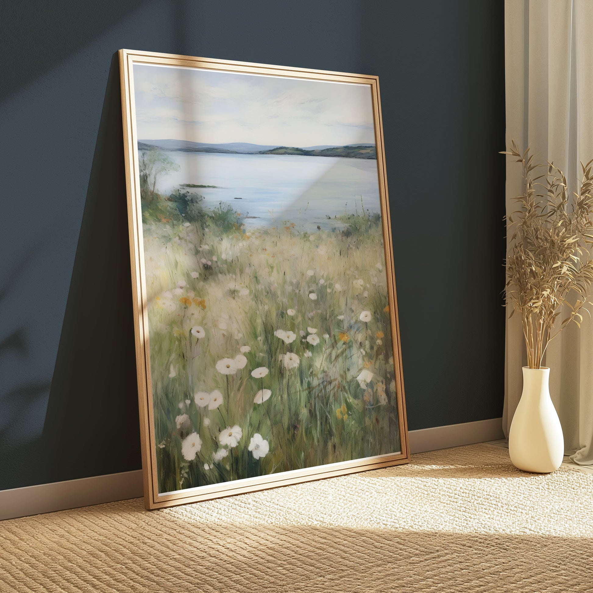 Premium Poster of Serene Lakeside Landscape with Wildflowers Posters