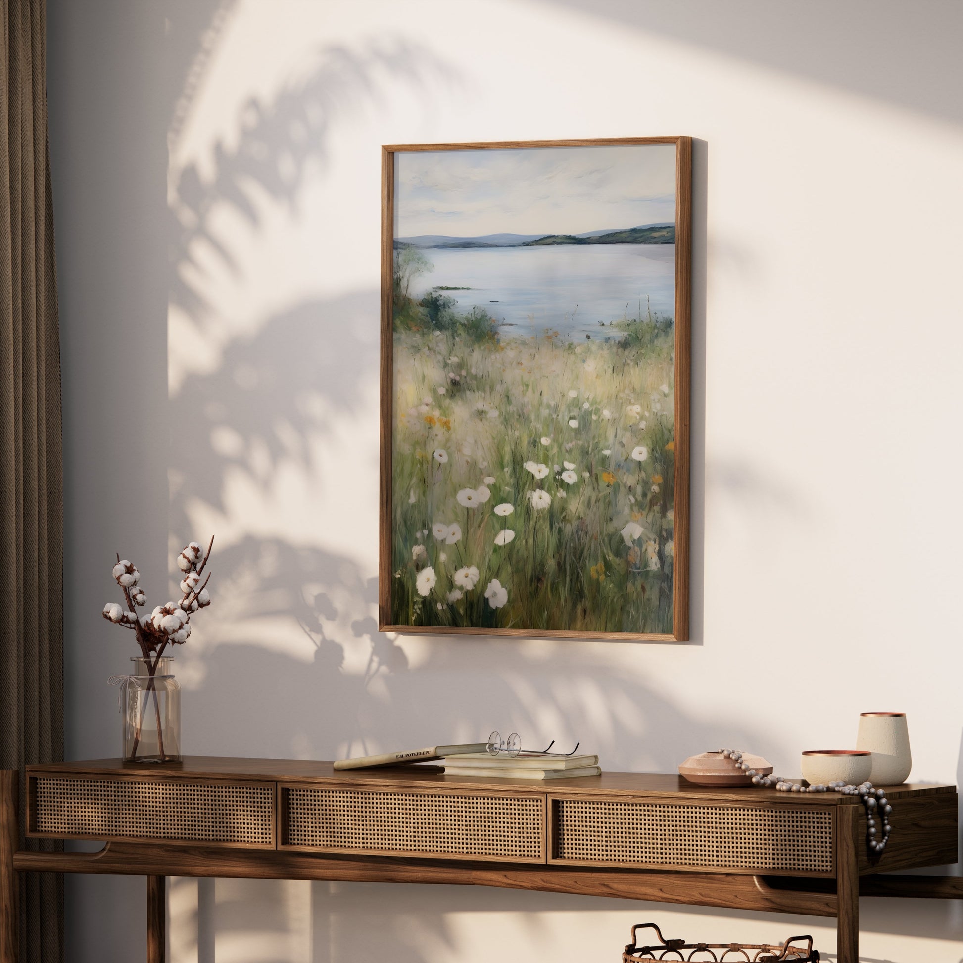 Premium Poster of Serene Lakeside Landscape with Wildflowers Posters