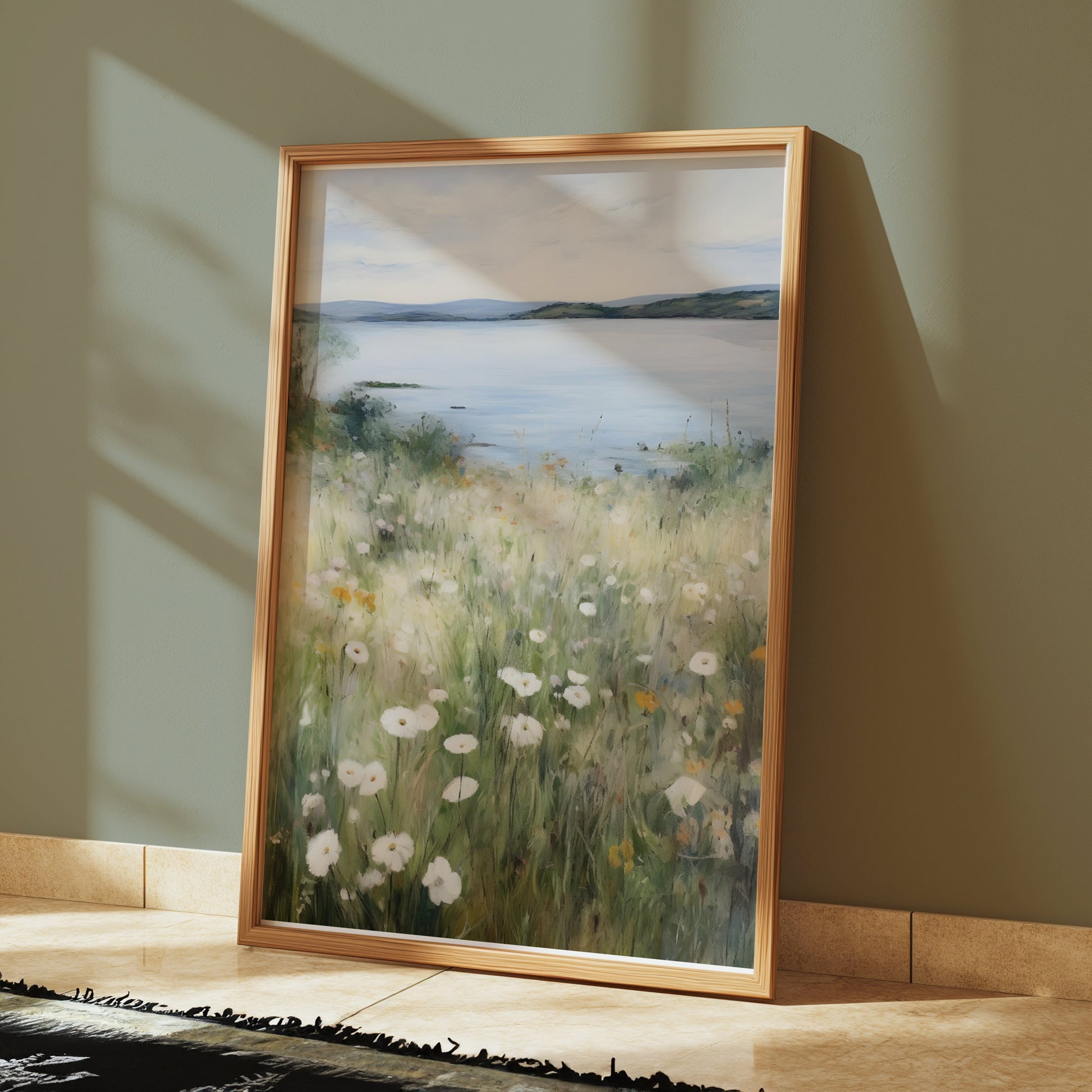 Premium Poster of Serene Lakeside Landscape with Wildflowers Posters