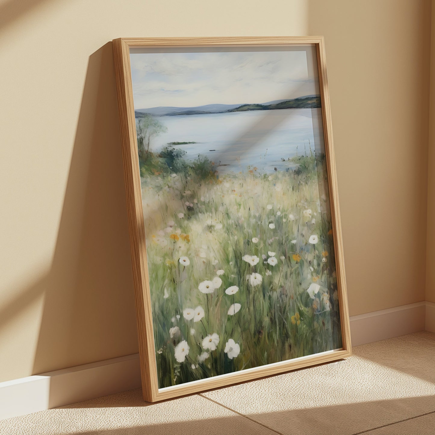 Premium Poster of Serene Lakeside Landscape with Wildflowers Posters