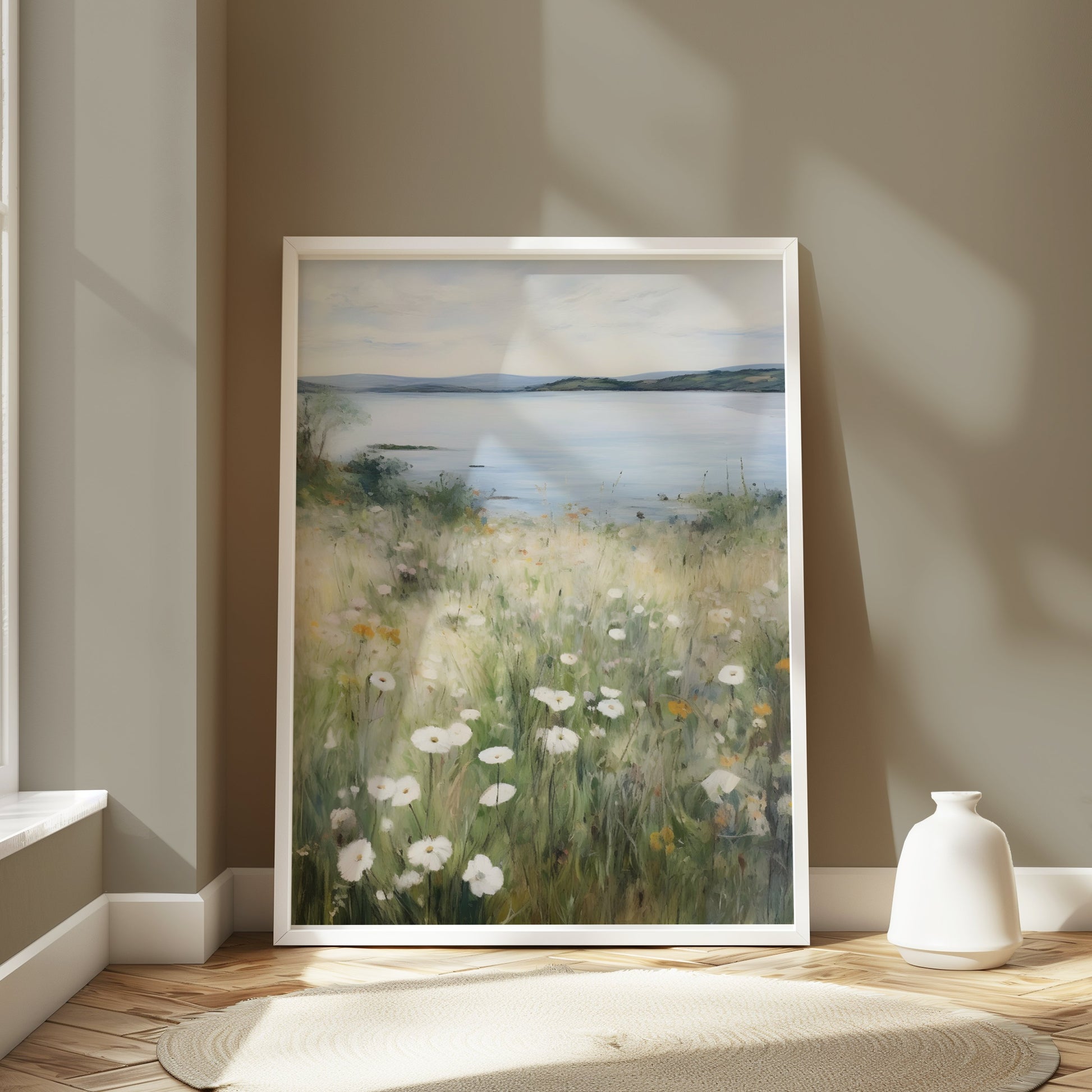 Premium Poster of Serene Lakeside Landscape with Wildflowers Posters