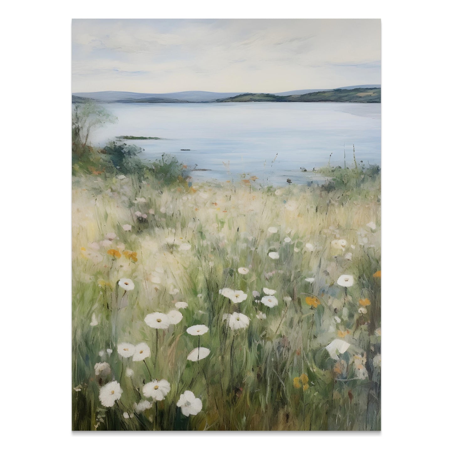 Premium Poster of Serene Lakeside Landscape with Wildflowers Posters