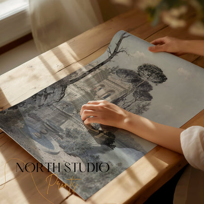 Premium Poster of Serene Lakeside Villa Scene with Trees and Birds Posters