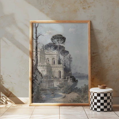 Premium Poster of Serene Lakeside Villa Scene with Trees and Birds Posters