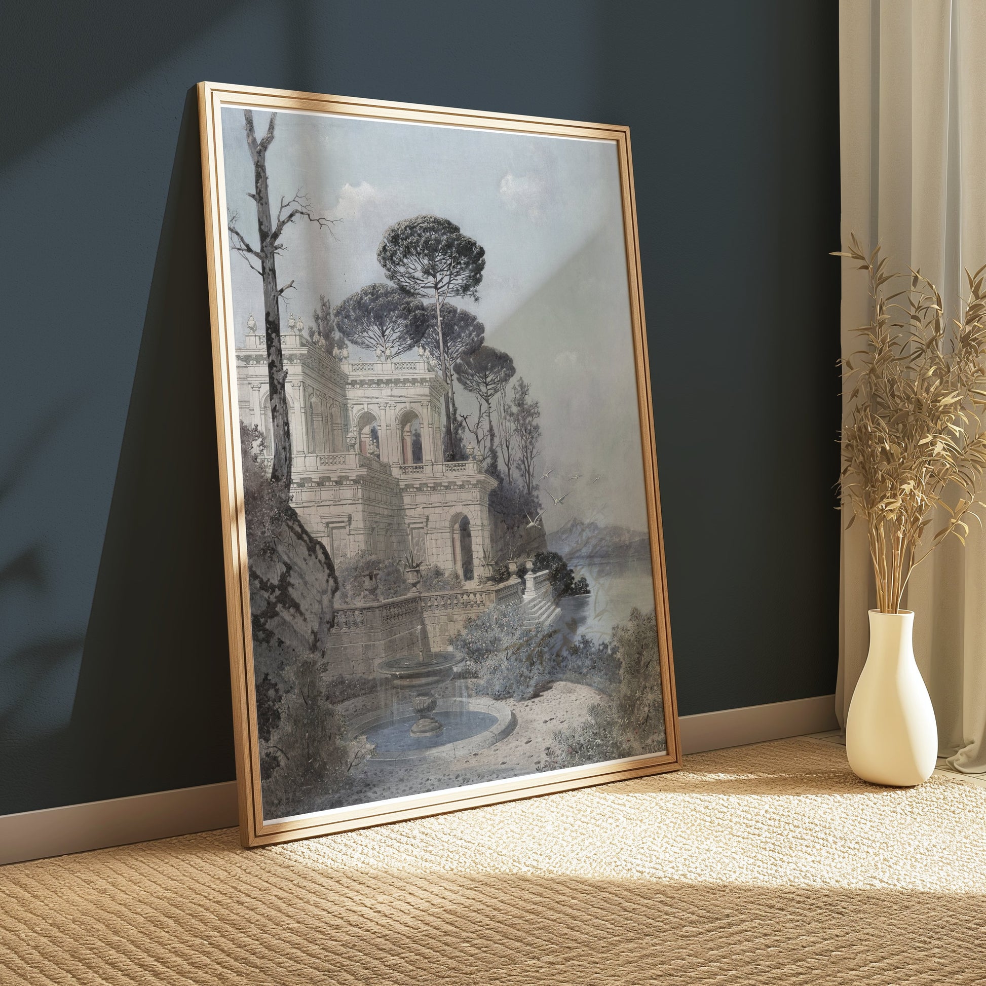 Premium Poster of Serene Lakeside Villa Scene with Trees and Birds Posters