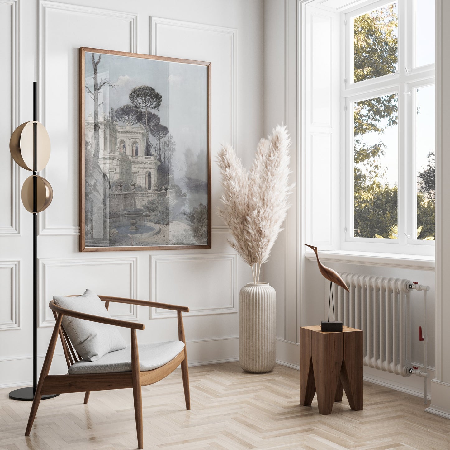 Premium Poster of Serene Lakeside Villa Scene with Trees and Birds Posters