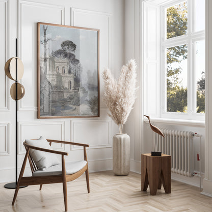 Premium Poster of Serene Lakeside Villa Scene with Trees and Birds Posters