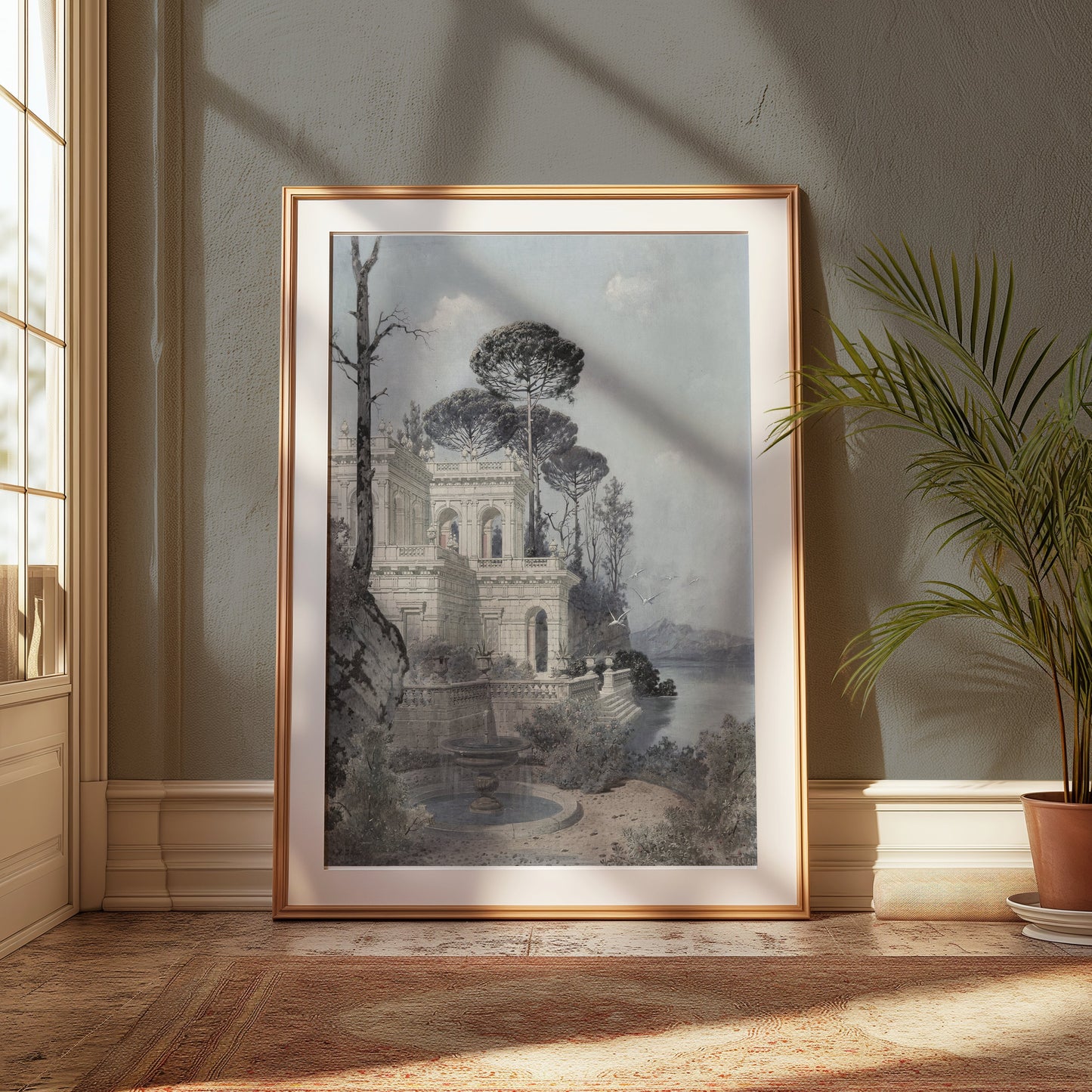 Premium Poster of Serene Lakeside Villa Scene with Trees and Birds Posters