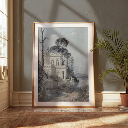 Premium Poster of Serene Lakeside Villa Scene with Trees and Birds Posters