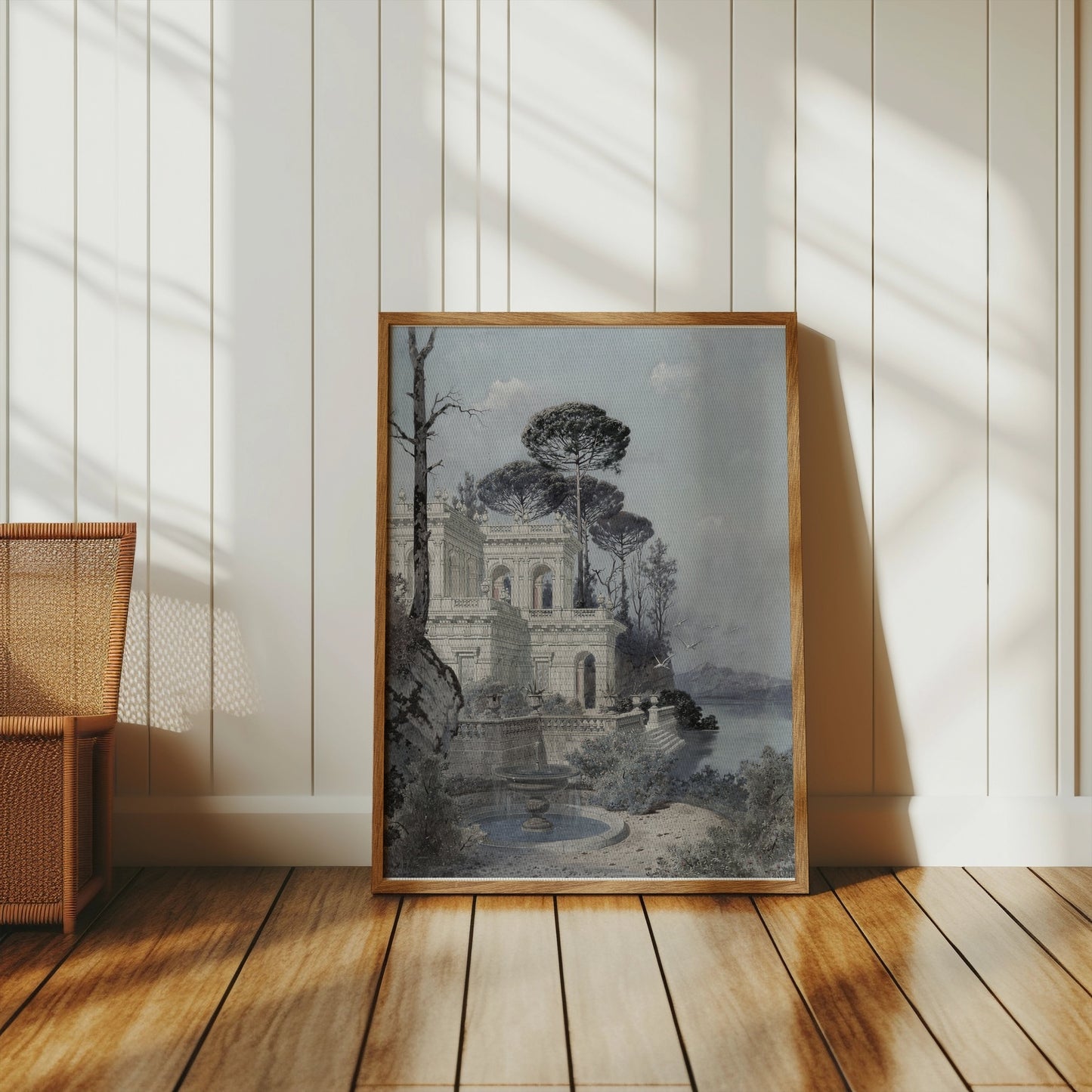 Premium Poster of Serene Lakeside Villa Scene with Trees and Birds Posters