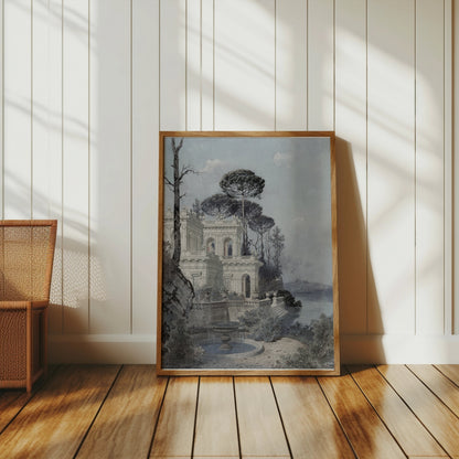 Premium Poster of Serene Lakeside Villa Scene with Trees and Birds Posters