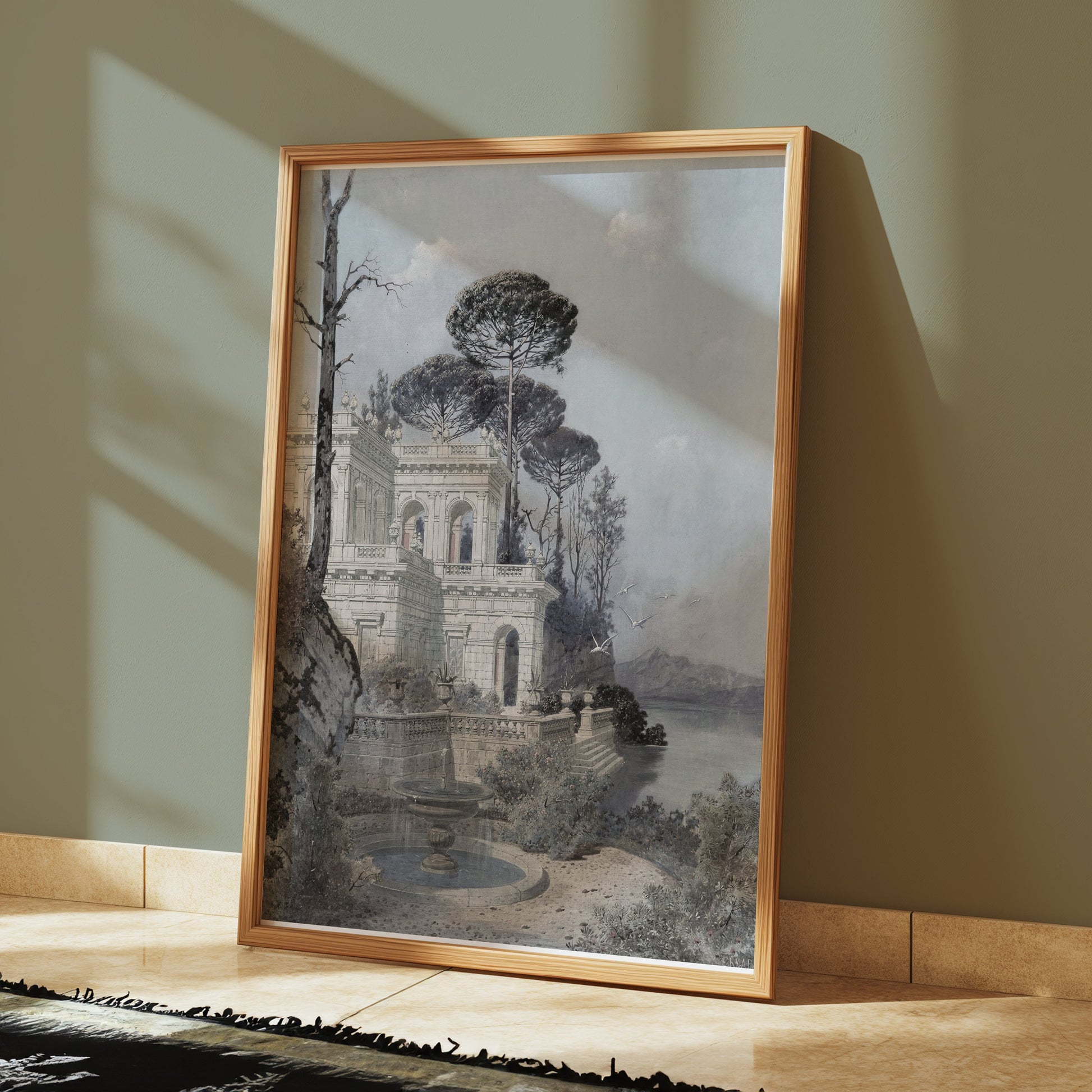 Premium Poster of Serene Lakeside Villa Scene with Trees and Birds Posters