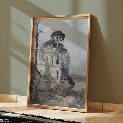 Premium Poster of Serene Lakeside Villa Scene with Trees and Birds Posters