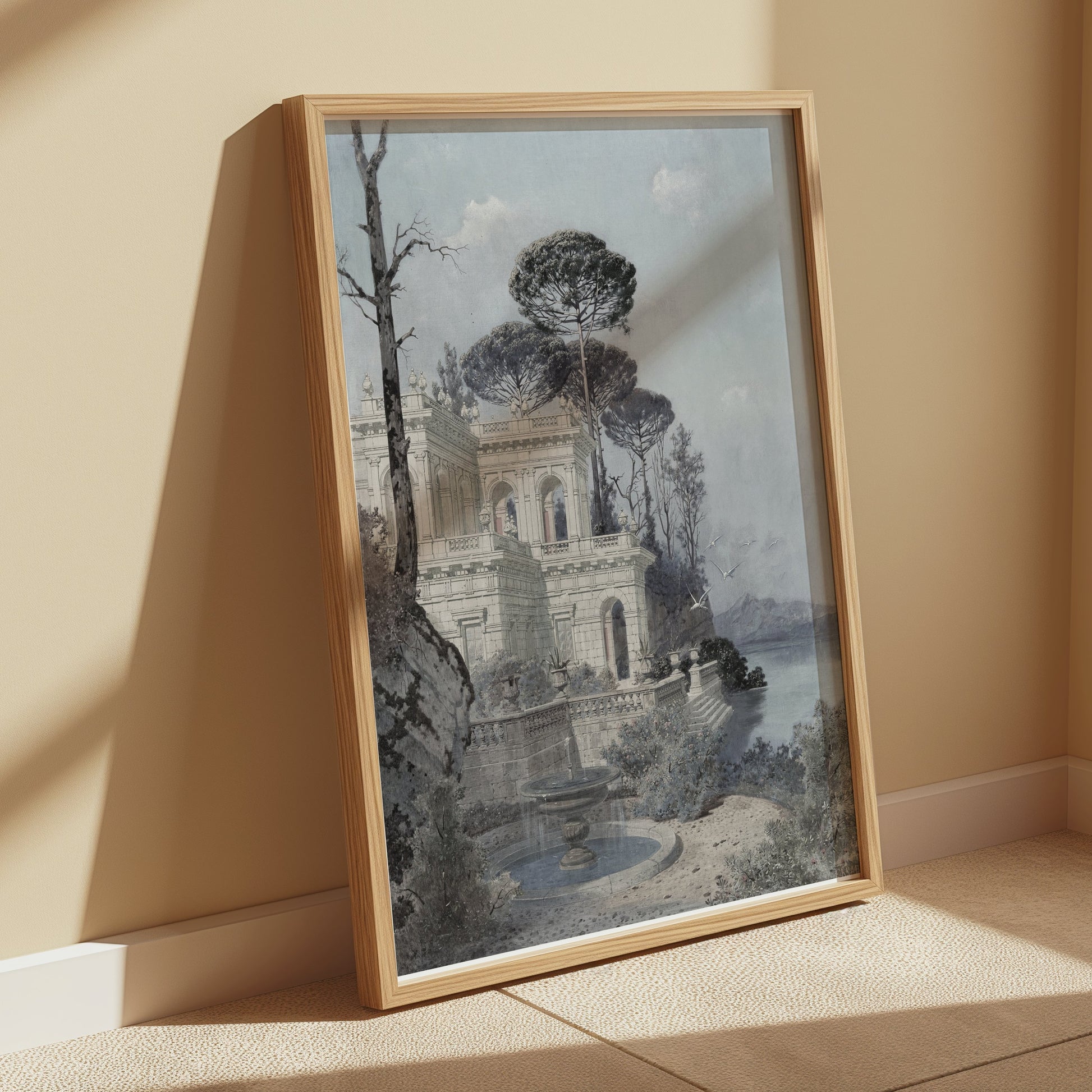 Premium Poster of Serene Lakeside Villa Scene with Trees and Birds Posters