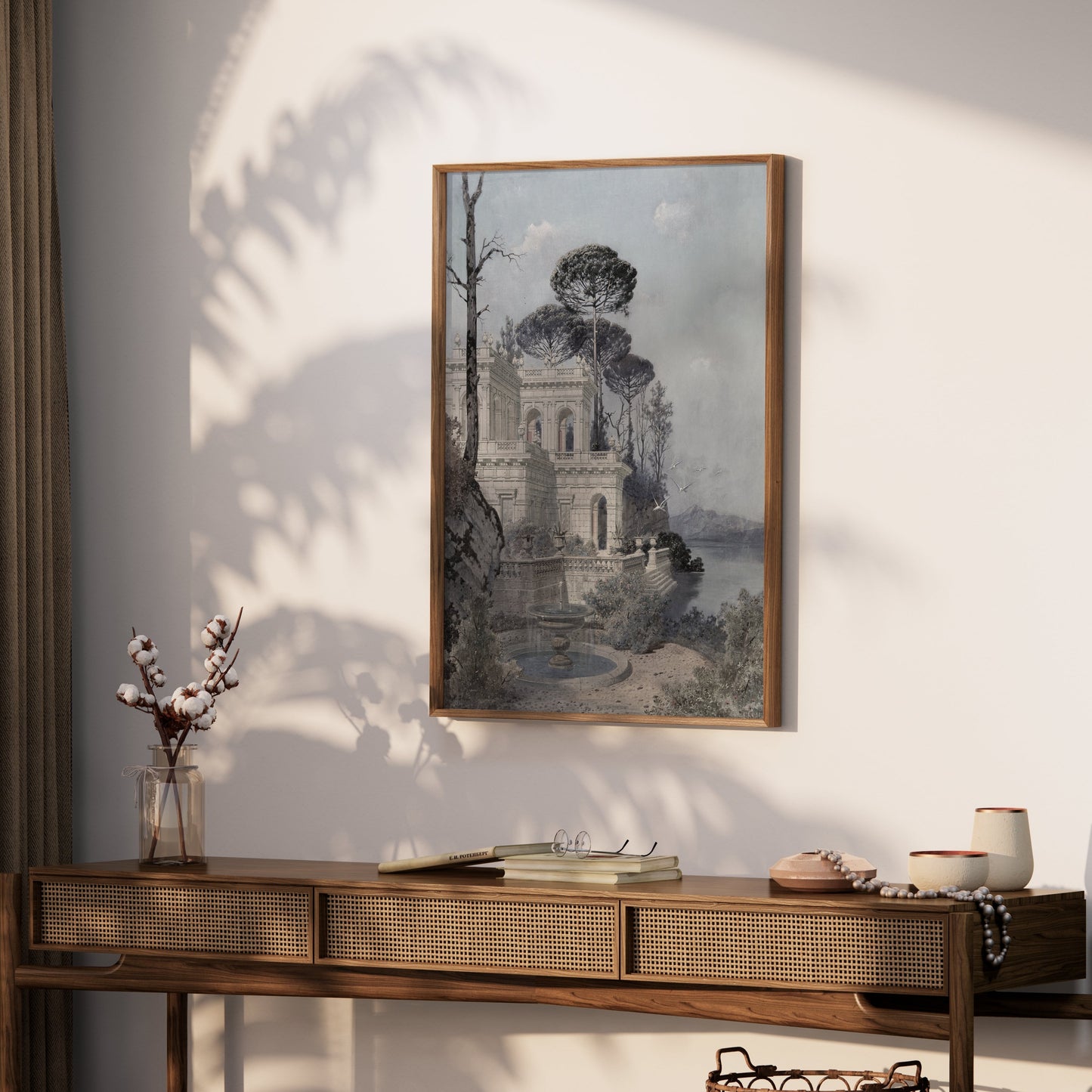Premium Poster of Serene Lakeside Villa Scene with Trees and Birds Posters