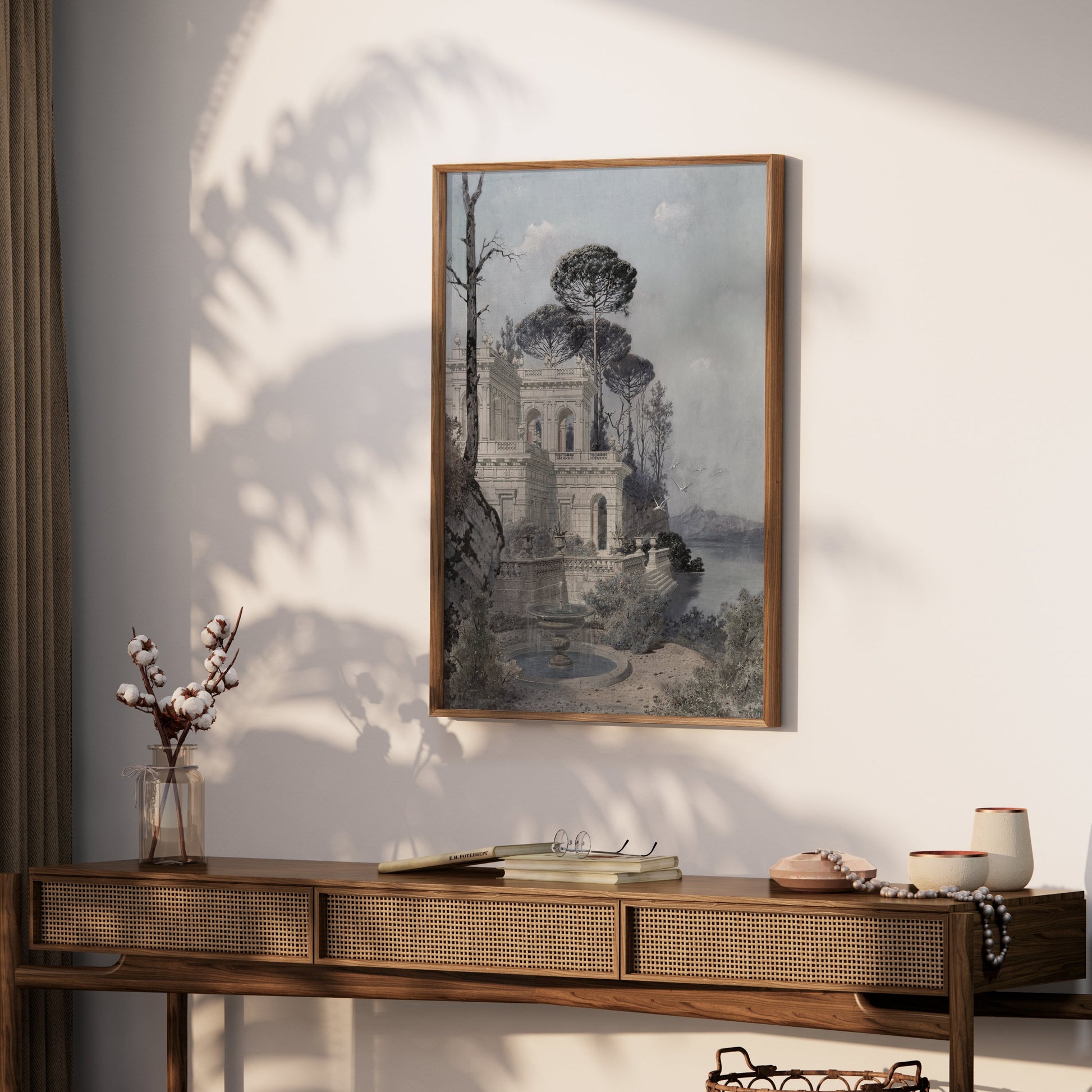 Premium Poster of Serene Lakeside Villa Scene with Trees and Birds Posters