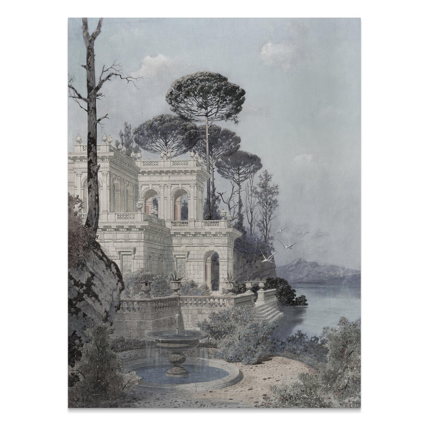 Premium Poster of Serene Lakeside Villa Scene with Trees and Birds Posters