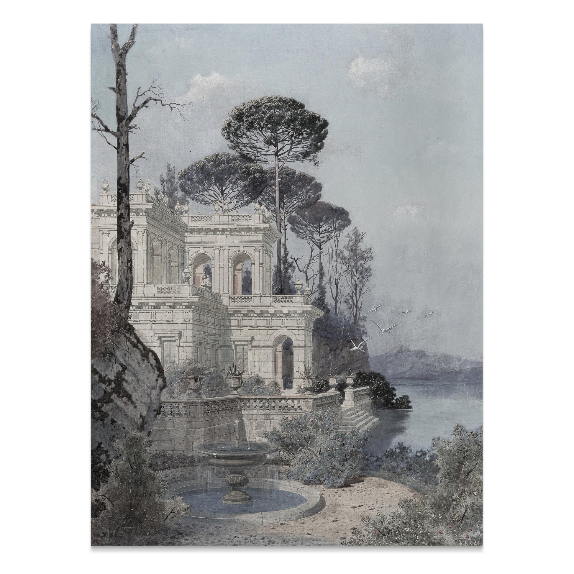 Premium Poster of Serene Lakeside Villa Scene with Trees and Birds Posters
