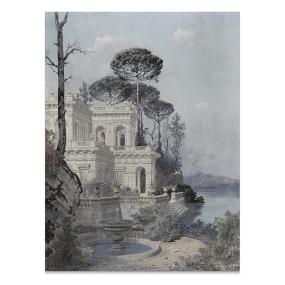 Premium Poster of Serene Lakeside Villa Scene with Trees and Birds Posters