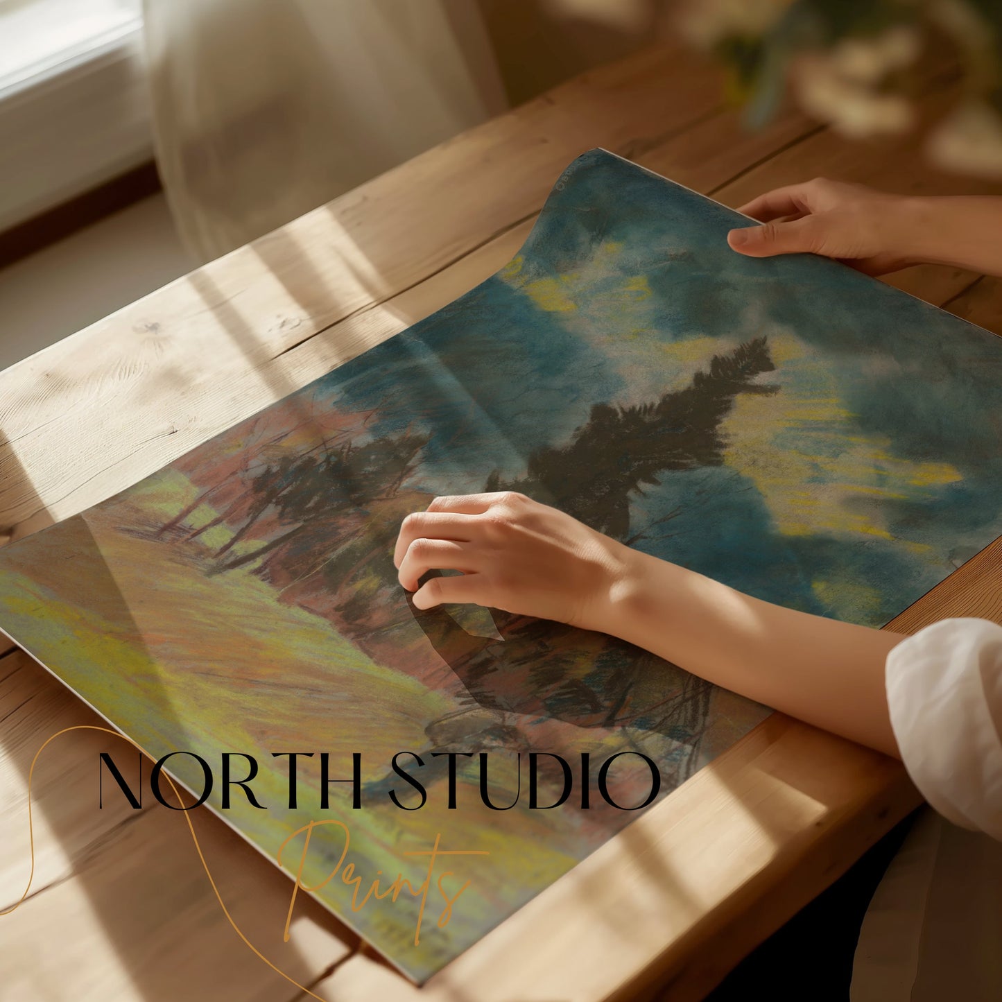 Premium Poster of Serene Landscape Art with Evergreen Tree Posters