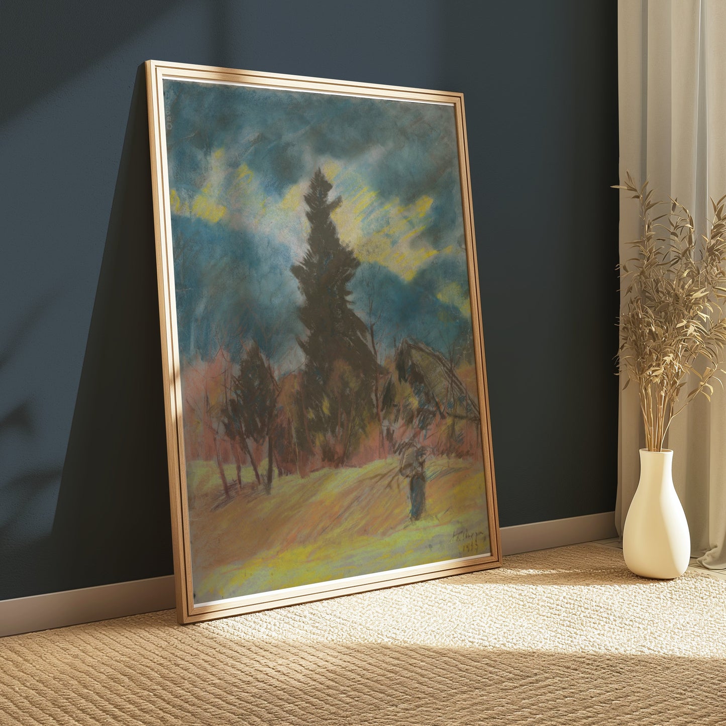 Premium Poster of Serene Landscape Art with Evergreen Tree Posters