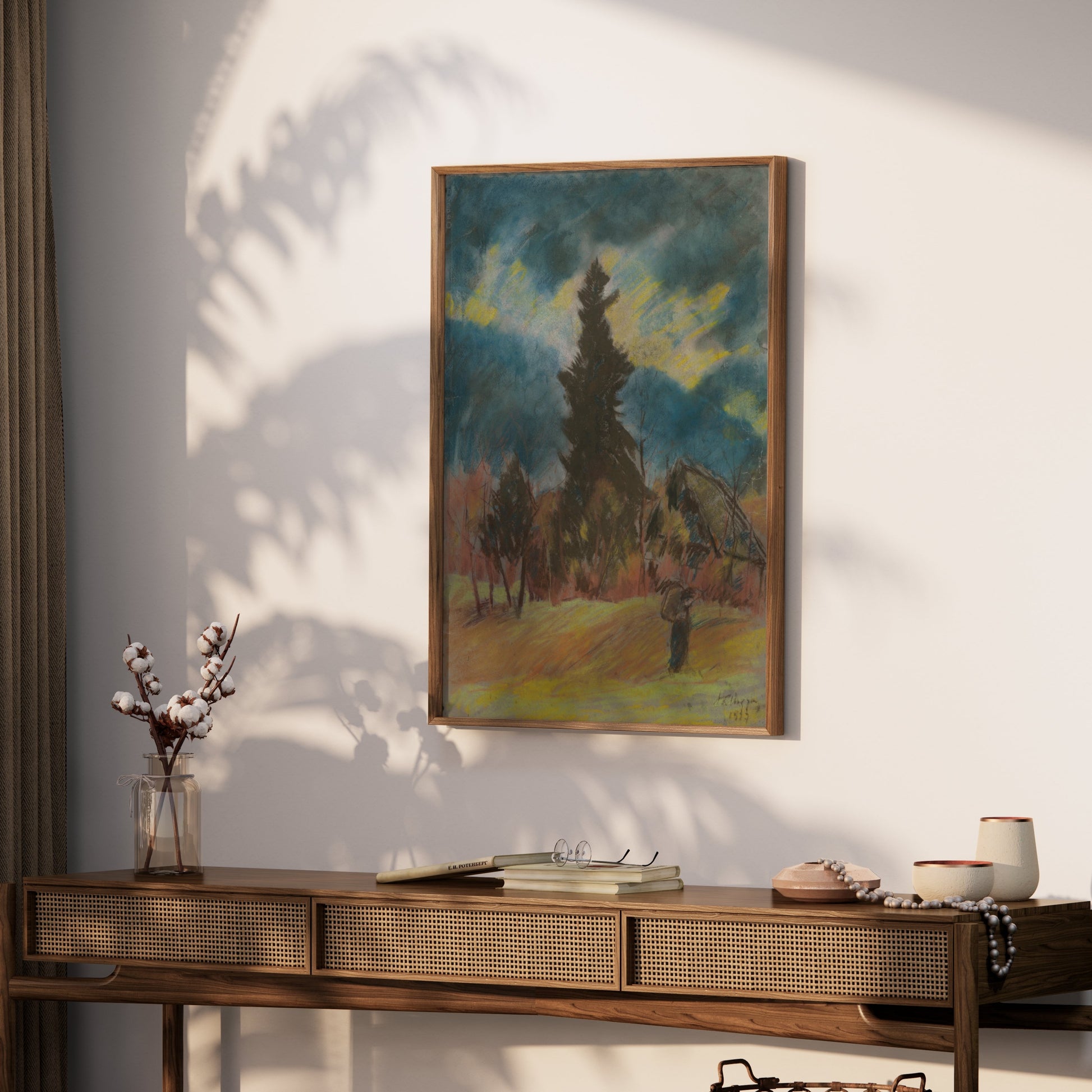 Premium Poster of Serene Landscape Art with Evergreen Tree Posters