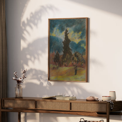 Premium Poster of Serene Landscape Art with Evergreen Tree Posters