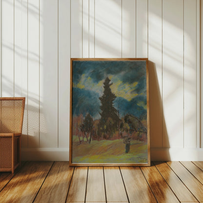 Premium Poster of Serene Landscape Art with Evergreen Tree Posters