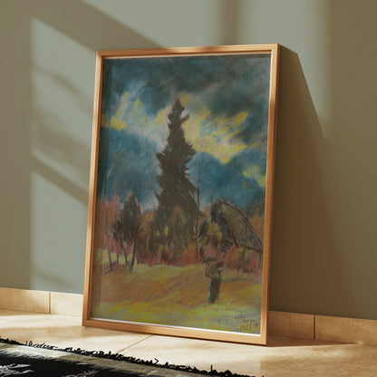 Premium Poster of Serene Landscape Art with Evergreen Tree Posters