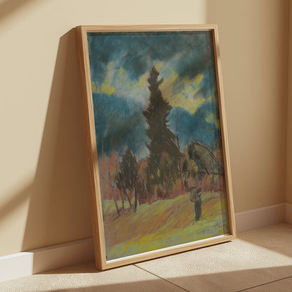Premium Poster of Serene Landscape Art with Evergreen Tree Posters