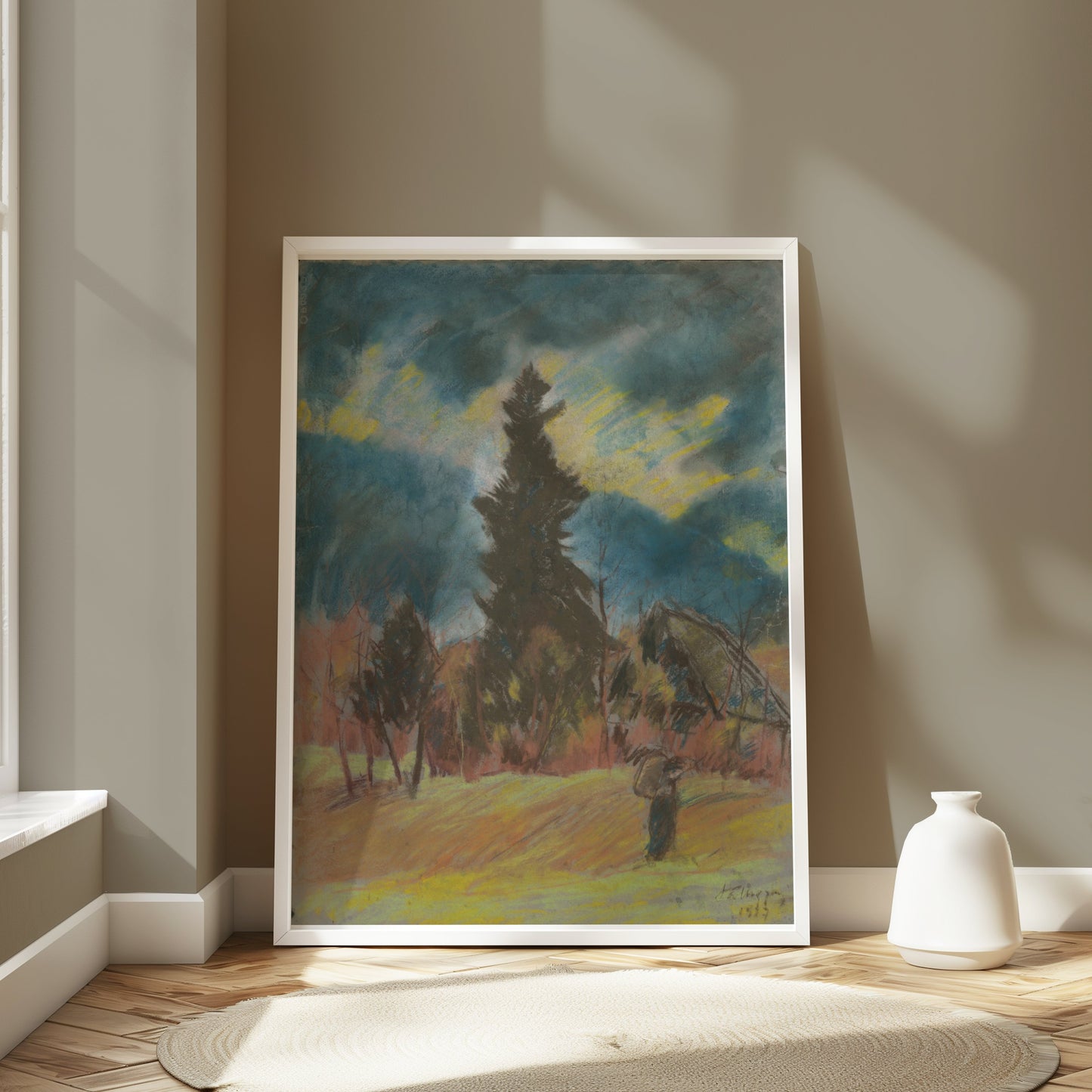 Premium Poster of Serene Landscape Art with Evergreen Tree Posters