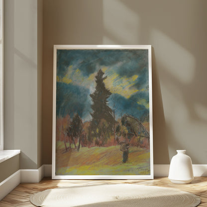 Premium Poster of Serene Landscape Art with Evergreen Tree Posters