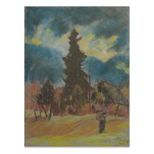 Premium Poster of Serene Landscape Art with Evergreen Tree Posters