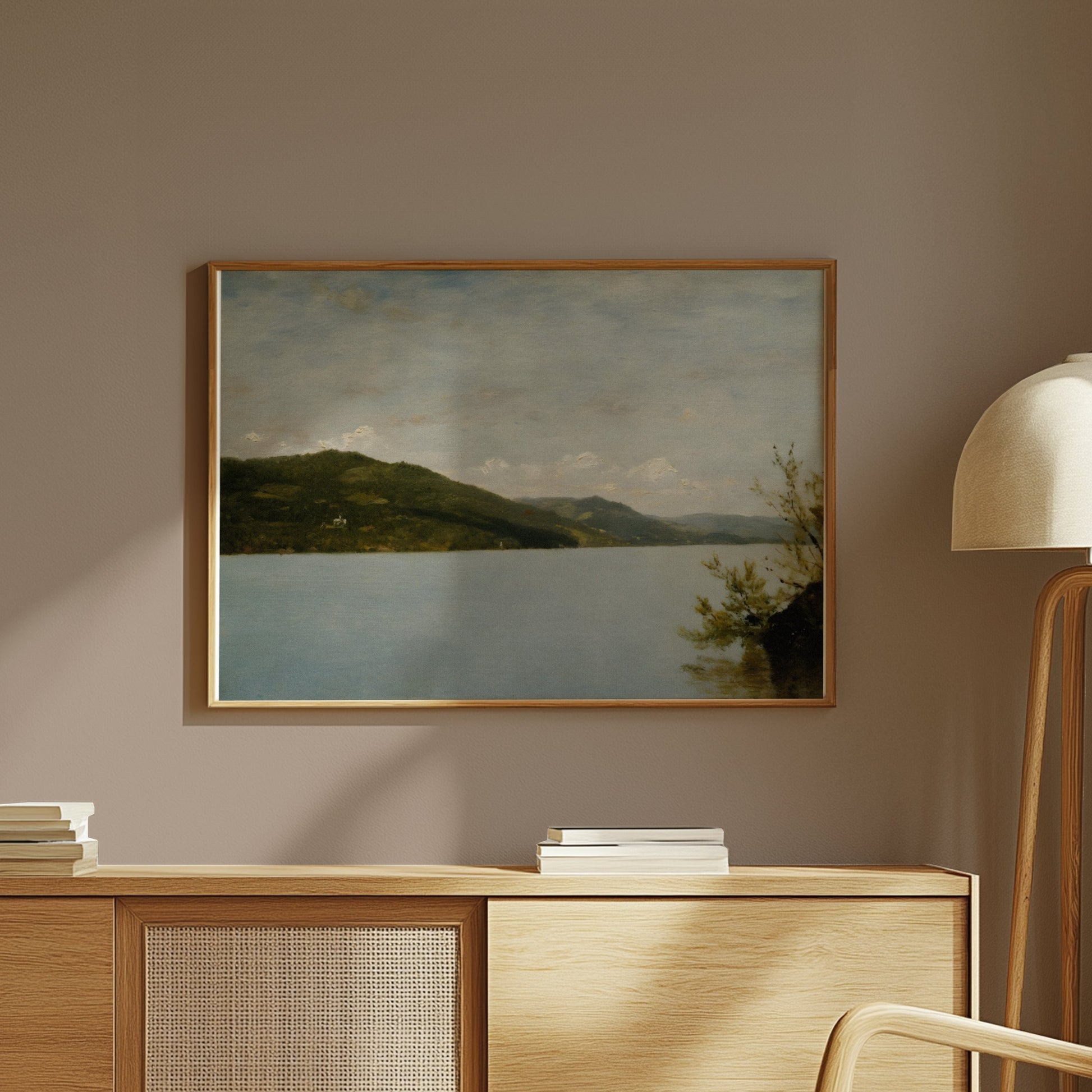 Premium Poster of Serene Landscape of Tranquil Lake and Hillside Posters