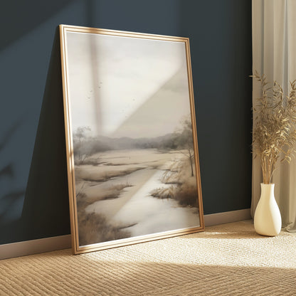 Premium Poster of Serene Landscape with Birds Flying Tranquil Scene Posters