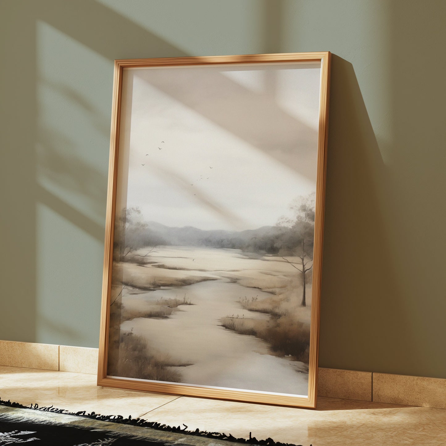 Premium Poster of Serene Landscape with Birds Flying Tranquil Scene Posters