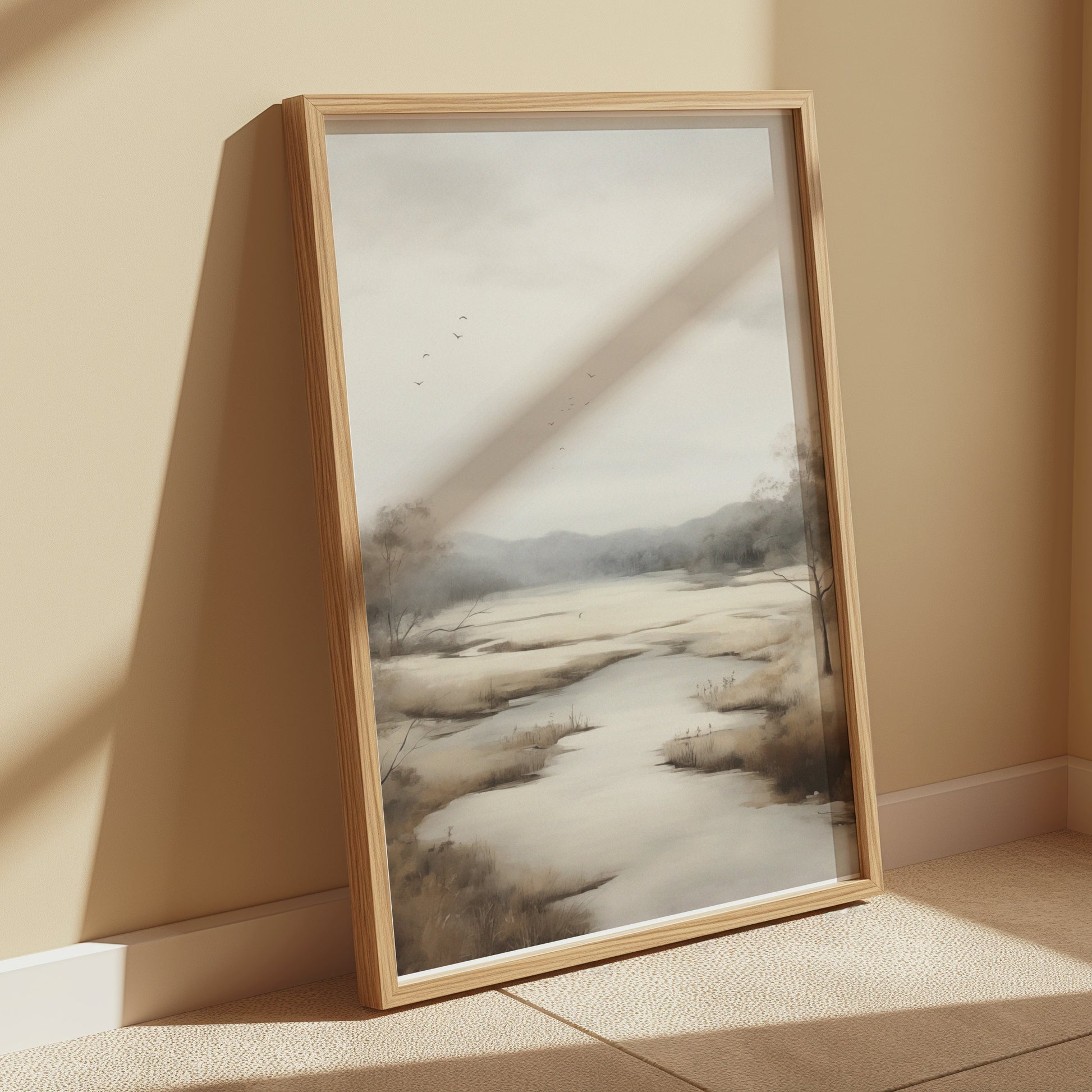 Premium Poster of Serene Landscape with Birds Flying Tranquil Scene Posters