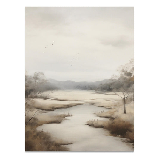 Premium Poster of Serene Landscape with Birds Flying Tranquil Scene Posters