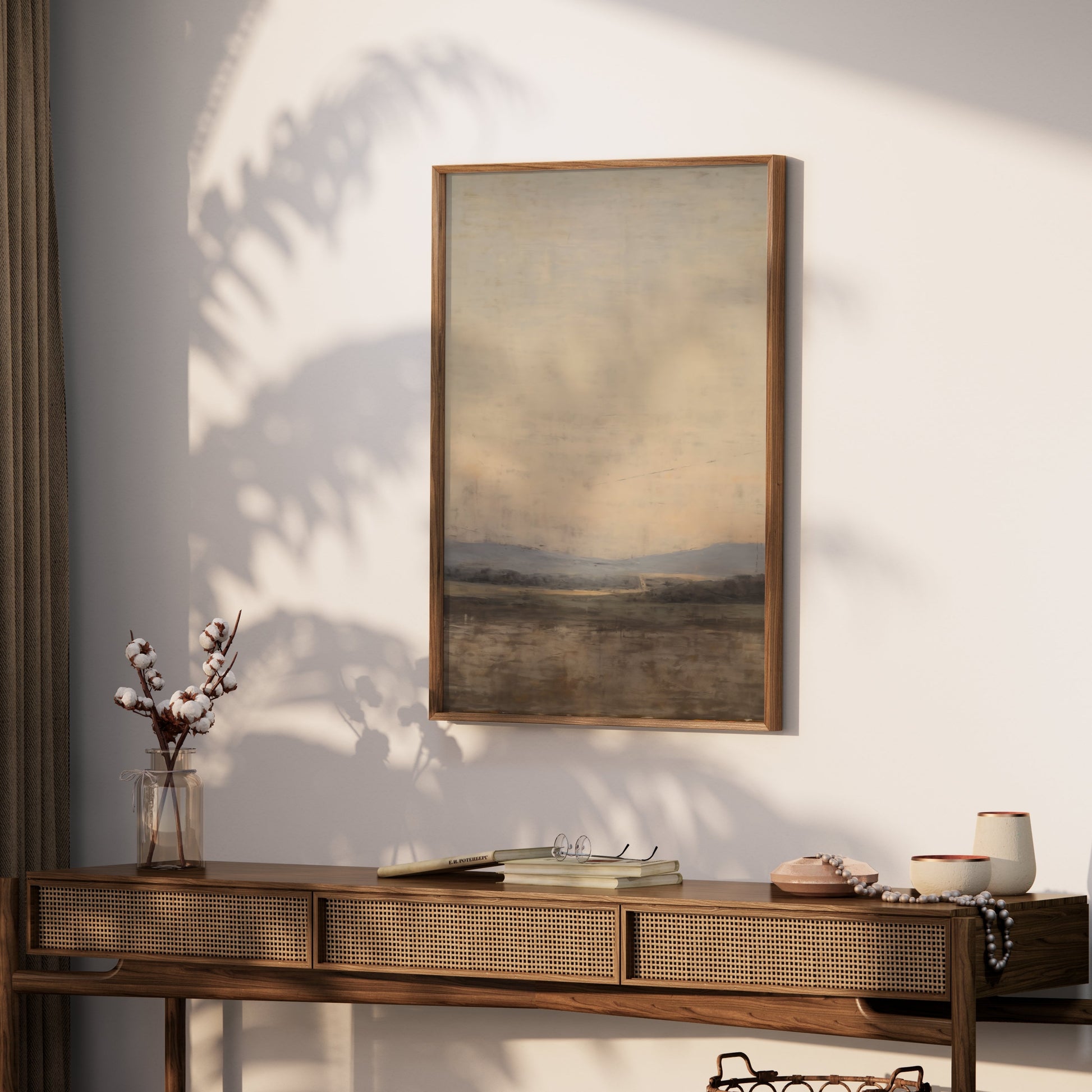 Premium Poster of Serene Landscape with Mountains and Fields Posters