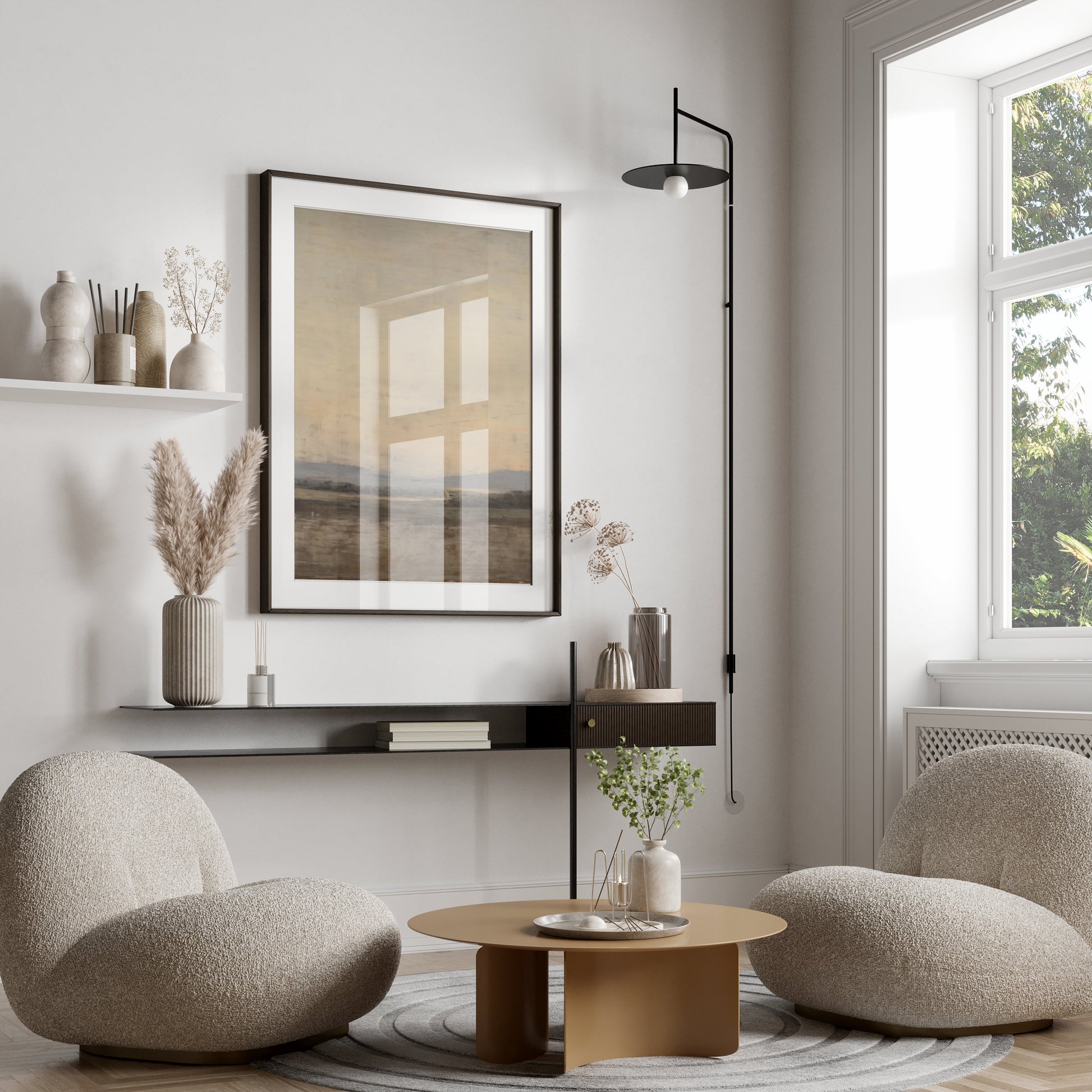 Premium Poster of Serene Landscape with Mountains and Fields Posters