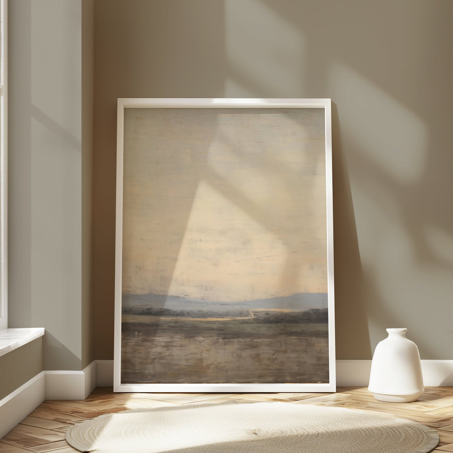 Premium Poster of Serene Landscape with Mountains and Fields Posters