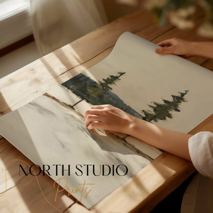 Premium Poster of Serene Landscape with Twin Evergreen Trees Posters