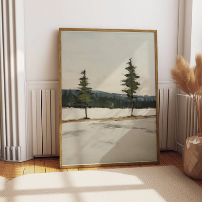 Premium Poster of Serene Landscape with Twin Evergreen Trees Posters