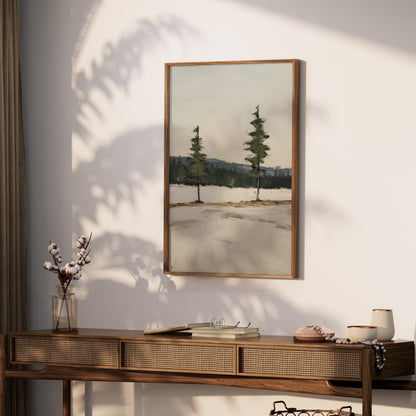 Premium Poster of Serene Landscape with Twin Evergreen Trees Posters
