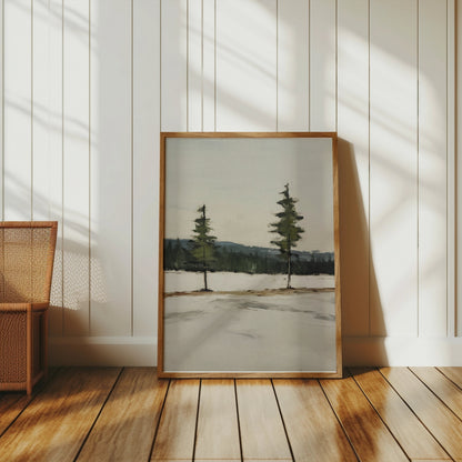 Premium Poster of Serene Landscape with Twin Evergreen Trees Posters